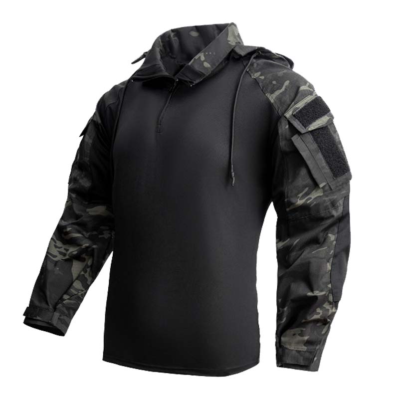 Outdoor Hunting T Shirts - メンズ Tシャツ 1/4 ジップ長袖シャツ フード付きタクティカルシャツ クライミング