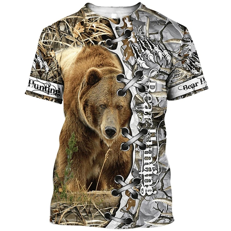 Outdoor Hunting Pictures - 1枚限定カスタム写真入りアウトドアハンティング3DプリントTシャツ メンズ 動物 クマ柄Tシャツ カジュアルストリートウェア ロパ・オンブレ