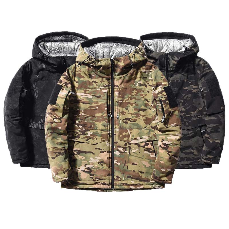 Outdoor Hunting Coat - 男性加熱パーカータクティカルジャケット冬暖かいフード付きコート迷彩パッド入り狩猟服屋外熱トレーニングハイキングジャケット