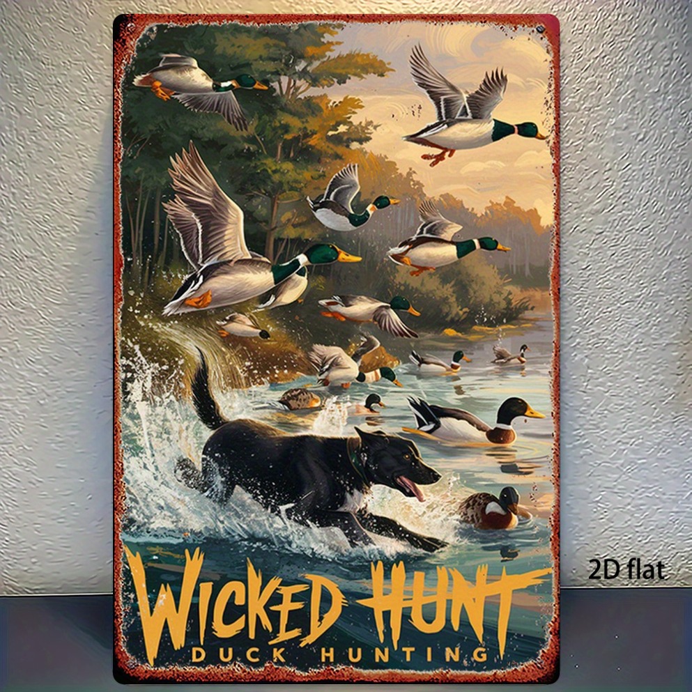 Wildman Hunting & Outdoor Photos - 2Dフラットヴィンテージハンティングダックメタルウォールアート - 野生のアヒルと犬の装飾、素朴な農家の鉄製サイン、ハンティングキャビン/マンケーブ用