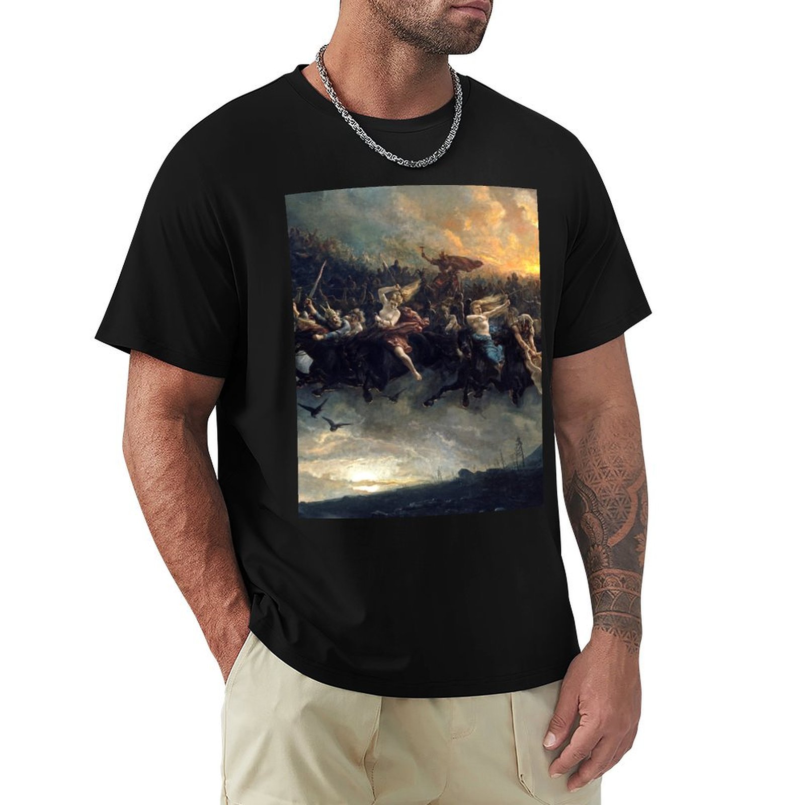 Wildman Hunting & Outdoor Photos - オーディンの野生の狩り (1872年)、ペーター・ニコライ・アルボによる神話画 Tシャツ ソフトで耐久性のあるコットンTシャツ